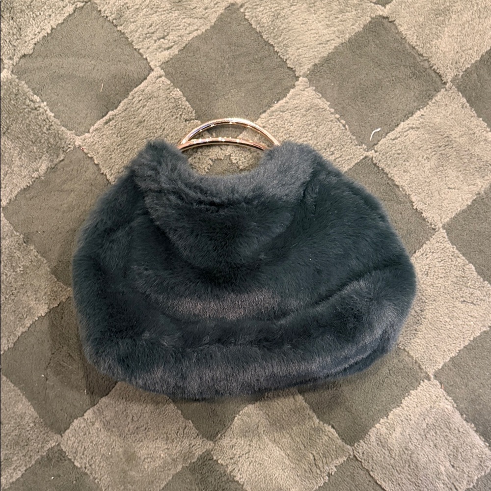 Faux Fur Handbag with Gold Top Handle - Dark Green